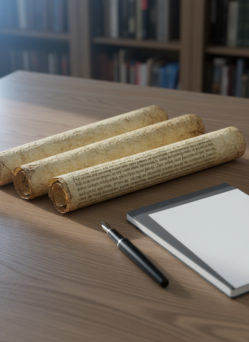 A meticulously arranged study tabletop featuring three distinct ancient-looking scrolls partially unrolled, their textured parchment surfaces showing faint Greek and Latin script. Beside them sits a smooth, matte black fountain pen and a modern, minimalist notebook with crisp white pages, symbolically bridging antiquity and contemporary scholarship. The surface is a medium-toned oak with subtle grain, surrounded by blurred outlines of bookcases in the background. Gentle, cool-toned overhead lighting and a narrow beam of side light create precise highlights on the parchment fibers and notebook edges. Captured from a slightly elevated angle with balanced composition, the image blends historical depth with modern clarity in a photographic, professional style, conveying rigorous, logical examination of apostolic sources.