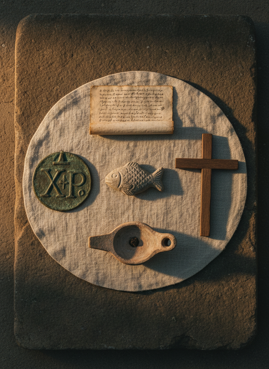 A close-up of a circular tabletop arrangement of five distinct early Christian symbols: a small stone ichthys carving, a simple wooden cross, an aged bronze chi-rho medallion, a rough clay oil lamp, and a thin, worn codex fragment with faint ink. They rest on a linen cloth with a subtle, natural weave, spread over a stone slab surface that hints at ancient architecture. Warm, directional side lighting mimics late afternoon sun, carving out gentle shadows and emphasizing textures in metal, wood, and fabric. Shot from directly above in a carefully balanced composition, each object is clearly visible yet harmoniously spaced. The photographic realism and muted, earthy palette create a reverent, analytical mood suited for exploring theology through historical evidence.