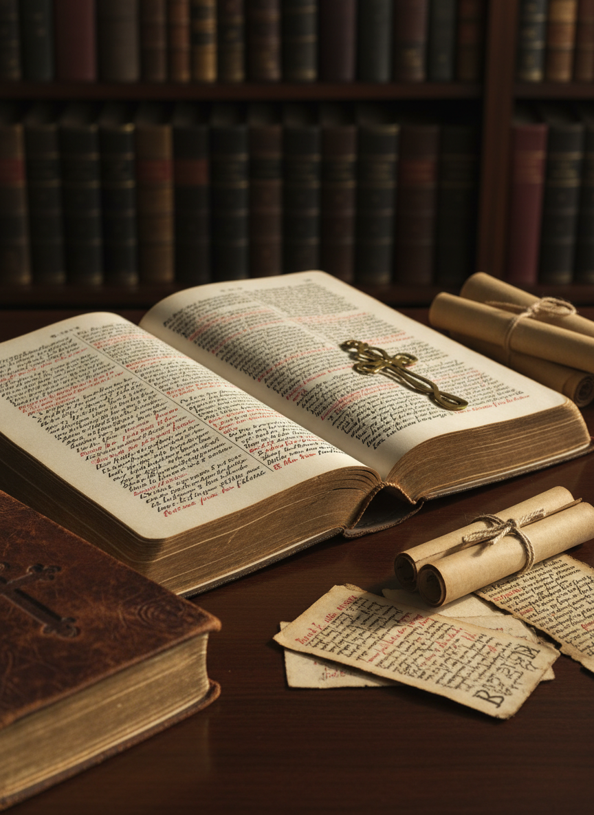 An aged leather-bound Bible lying open to a densely annotated page, its gilt-edged pages slightly curled and textured with centuries of wear. The book rests on a dark, polished wooden desk scattered with neatly stacked parchment facsimiles of early church writings and a simple brass bookmark. Soft, diffused afternoon light from an unseen window washes across the scene, highlighting the embossed cross on the cover and casting gentle shadows between the pages. Photographed at eye level with a shallow depth of field, the focus stays on the printed text, while background shelves of blurred, leather-spined volumes create a scholarly, contemplative atmosphere. The overall style is photographic realism, clean and professional, evoking careful study and reasoned defense of the faith.