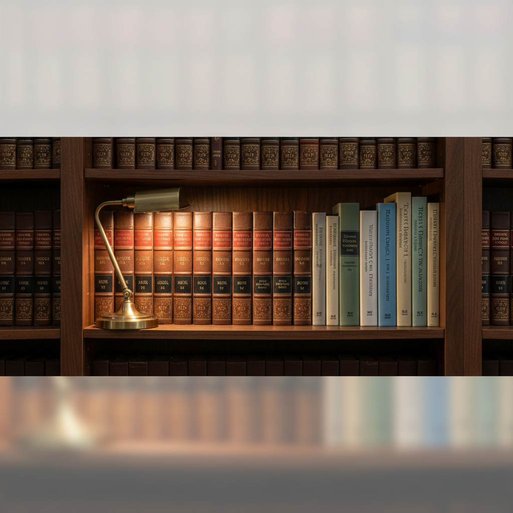 A detailed, panoramic bookshelf scene filled with arranged volumes of patristic writings, each spine labeled with precise titles like “Ignatius of Antioch,” “Irenaeus,” and “Athanasius,” interspersed with a few thick, modern systematic theology texts in clean dust jackets. The shelving is made of dark walnut with a satin finish, subtly reflecting light. A single, small brass desk lamp at the edge of the frame casts a pool of warm, focused illumination over the central titles, while the outer shelves fall into a gentle blur. Photographed at eye level with a moderate depth of field, the central books are in sharp focus, emphasizing continuity between ancient and modern thought. The atmosphere is orderly, studious, and professional, in a photographic, library-like aesthetic.